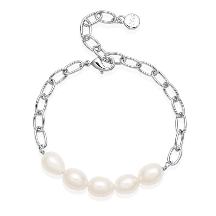 Bracelet ovale audacieux en perles d'eau douce en métal rhodié pour la vente par My Jewellery Story