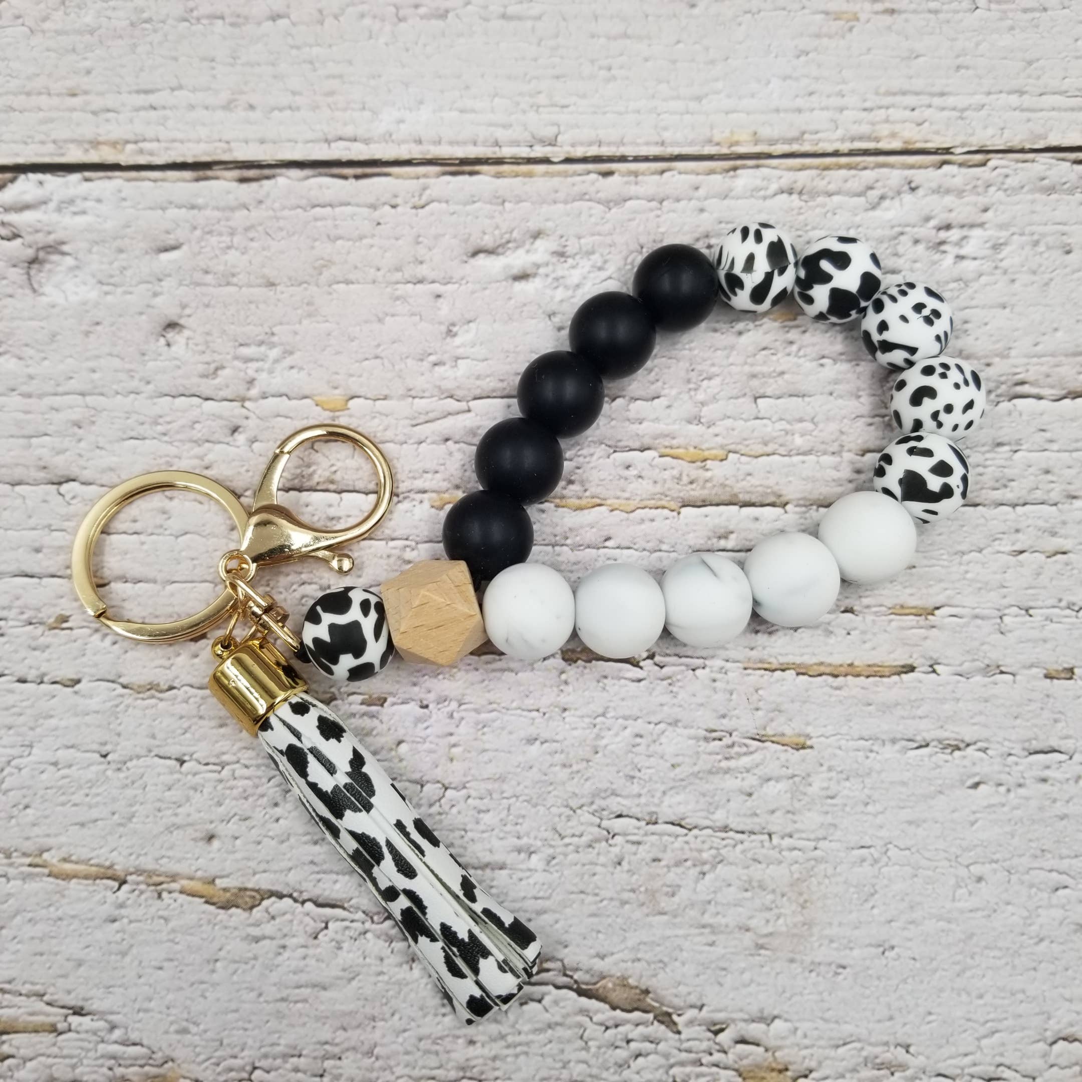 Treasure Wholesale - Wholesale Keychain Bracelet - Leopard Tassels Wood Bead Bangle Keychain2