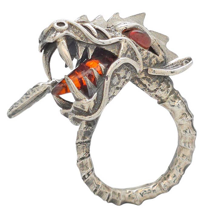 Bague réglable en argent avec ambre et dragon fait main pour la vente par Amberman