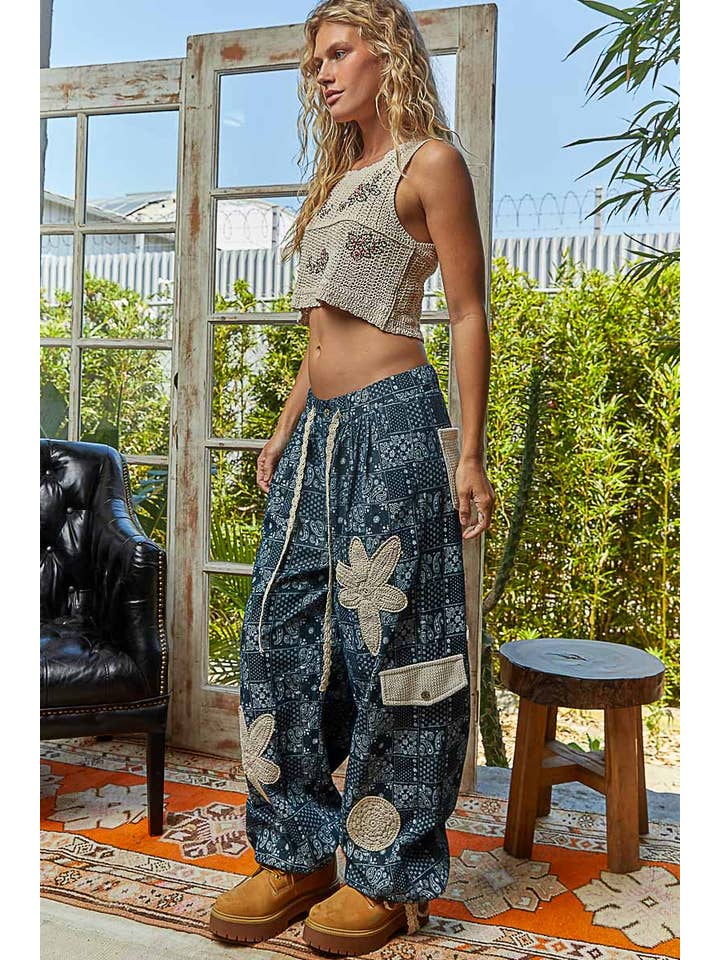 Pol Clothing - Wholesale Pants - Women's - Pleat Detail Floral Patchwork Cargo Pants9