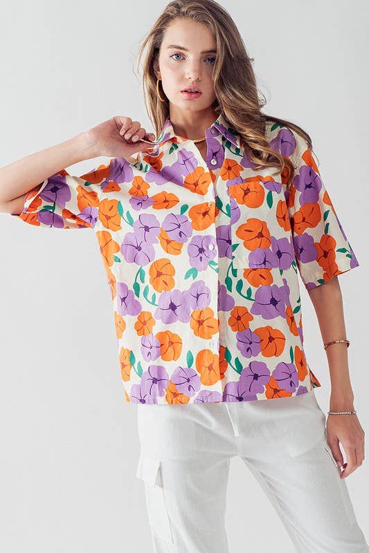 ORANGE LAVENDER HAILEE BUTTON DOWN FLORAL PRINT TOP for wholesale on Faire1