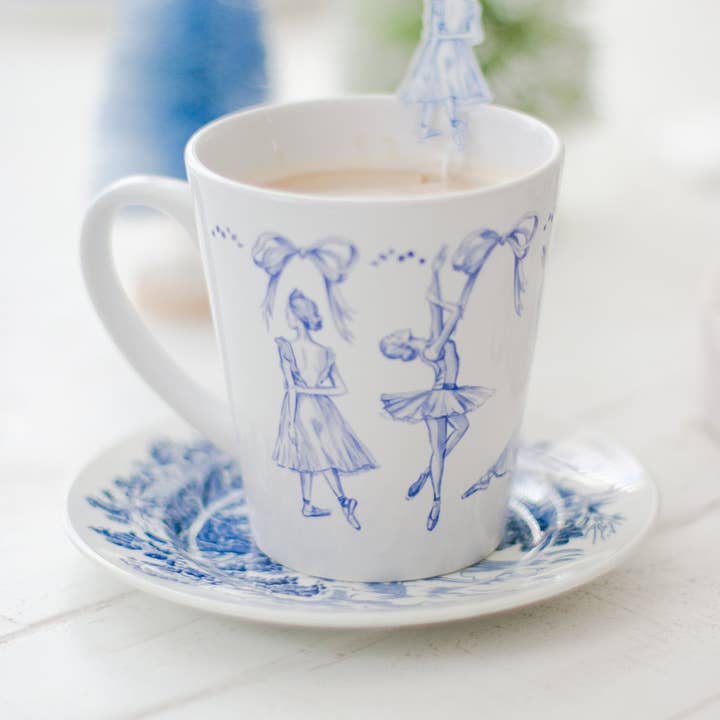 Blue and White Ballerinas Watercolor Latte Mug for wholesale by Simply Jessica Marie