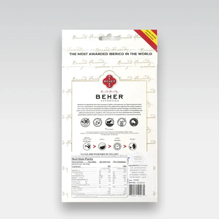 BEHER USA - Wholesale Pork - 100% Ibérico Ham (Jamón) Acorn-fed Machine-Cut Sliced 2oz5