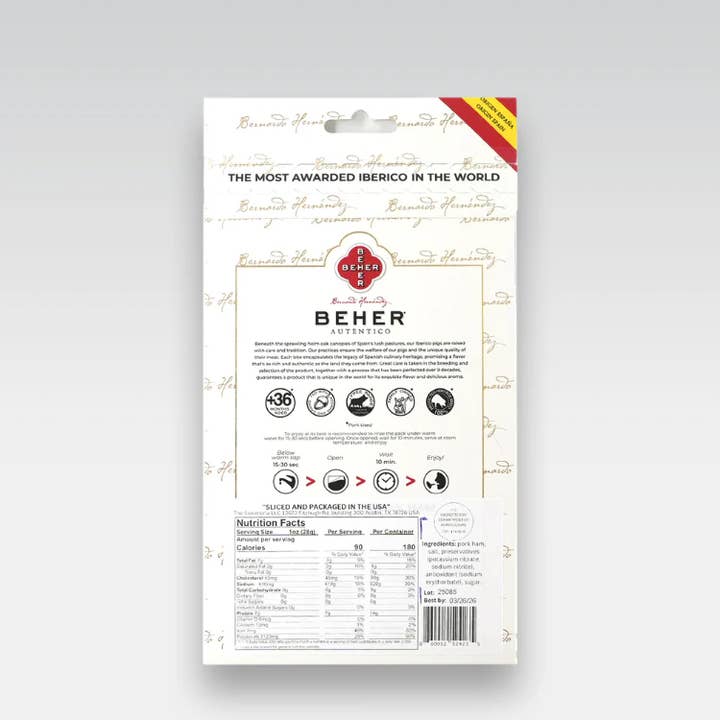 BEHER USA - Wholesale Pork - 100% Ibérico Ham (Jamón) Acorn-fed Machine-Cut Sliced 2oz5
