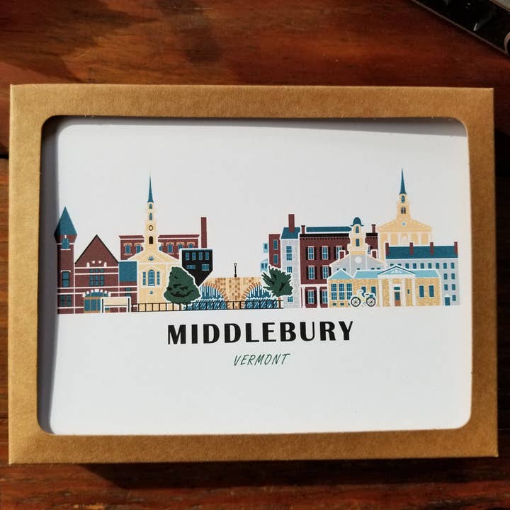 Middlebury Vermont Cityscape | Juego de tarjetas de felicitación en blanco para venta al por mayor de Soijen Illustrations