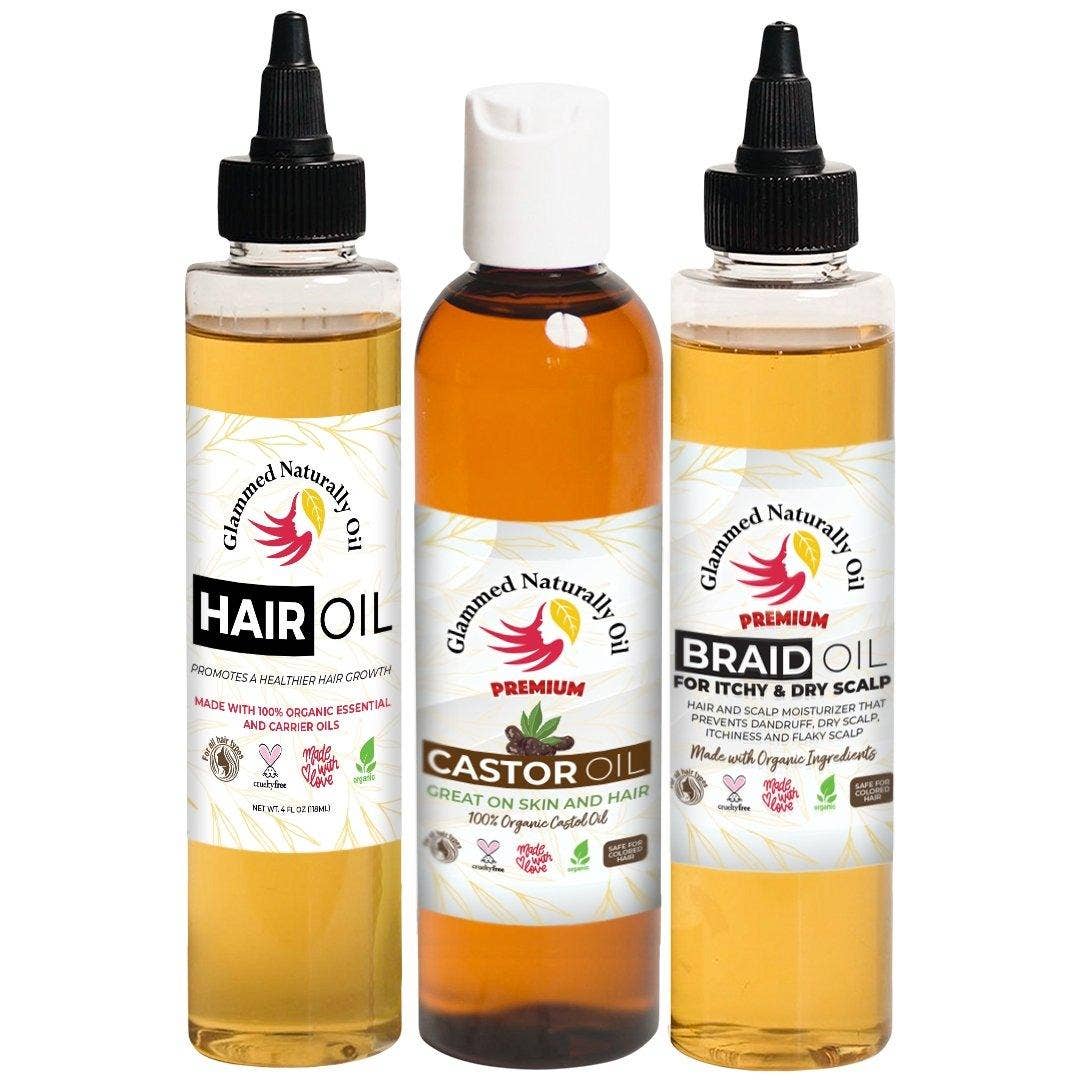 GlammedNaturallyOil – wholesale Hårolja – 4oz Hårväxt, Flätolja & Ricinolja Paket0
