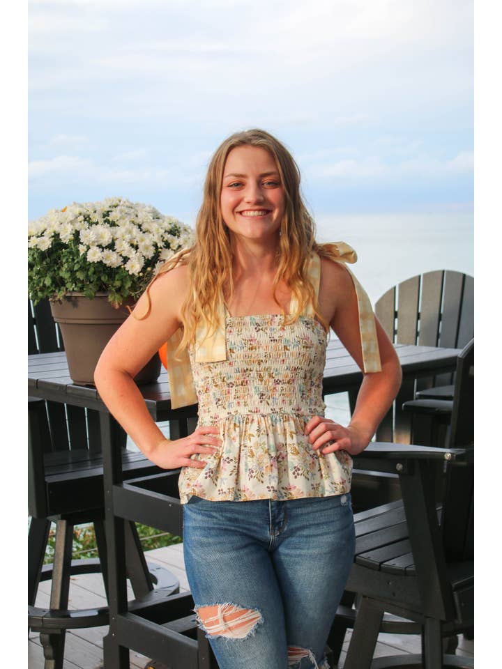 hey friends - Wholesale Blouse - Women's - Floral & Gingham Peplum Top Bow Straps - Made in the USA1