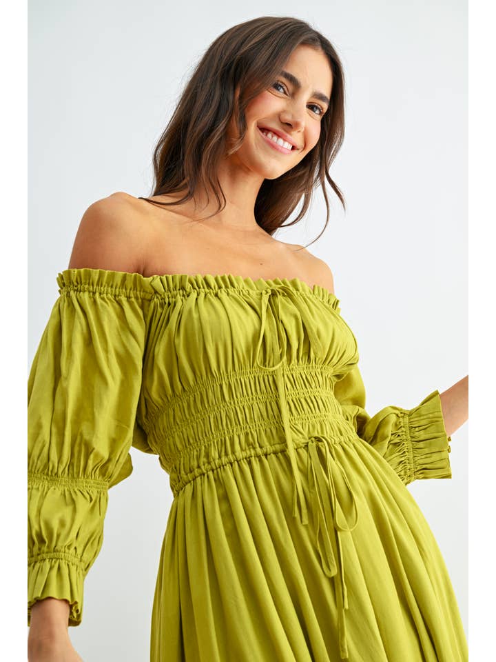 Camellia – wholesale Dress – Women's – CD25164 OFF-SHOULDER SMOCKED MIDI DRESS PLEATED SKIRT21