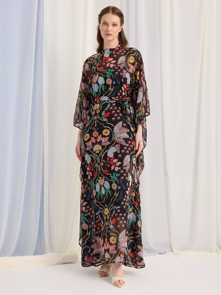 Store WF – wholesale Kaftan – Women's – Black Printed Gold Lurex Belted Kaftan Dress3