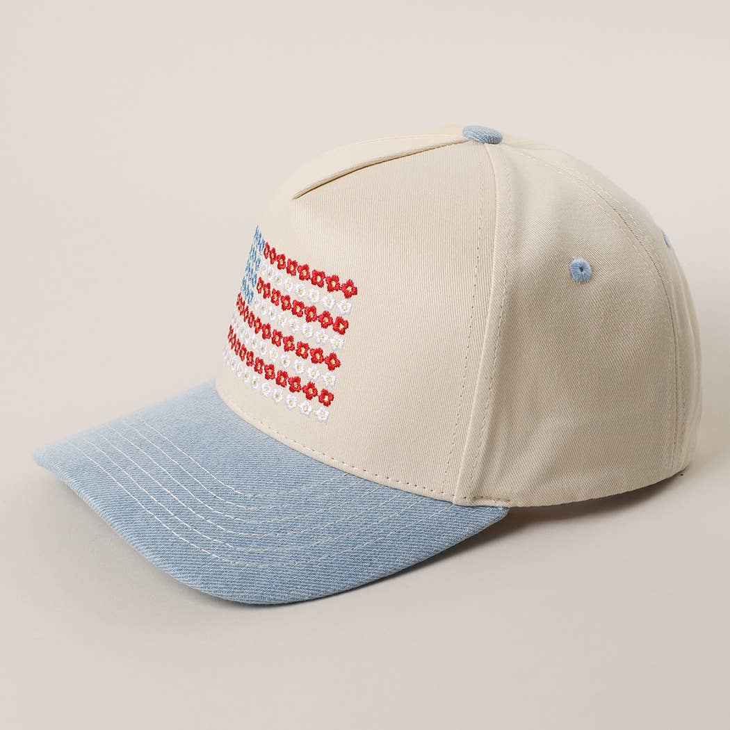 Floral American Flag Embroidered Two-Tone Denim Trucker Hat for wholesale on Faire5
