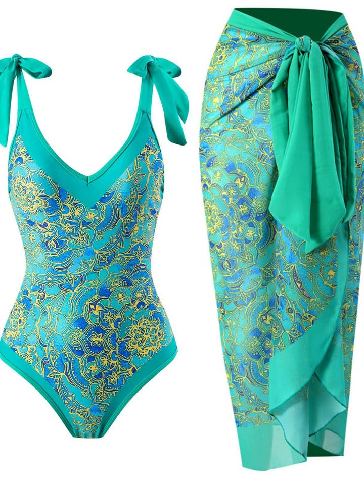 Ladies Tie Shoulder One Piece Swimsuit with Cover Up Y16-29 for wholesale by Sweetkama