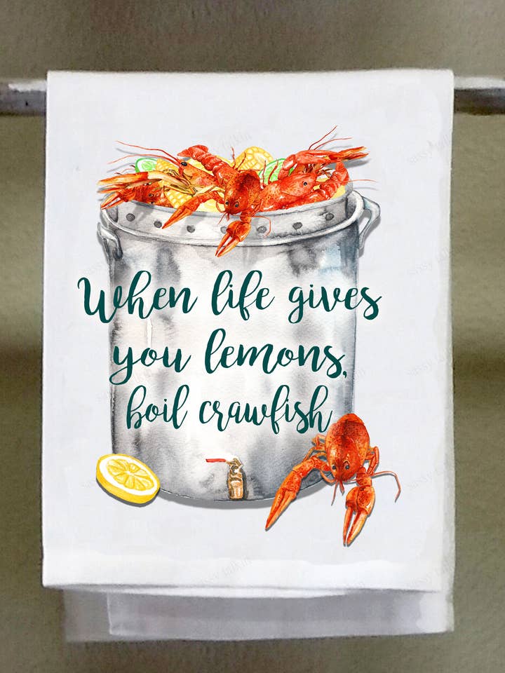 Seafood Dish Towel, It's Crawfish Time, crawfish pot for wholesale by Sassy Talkin