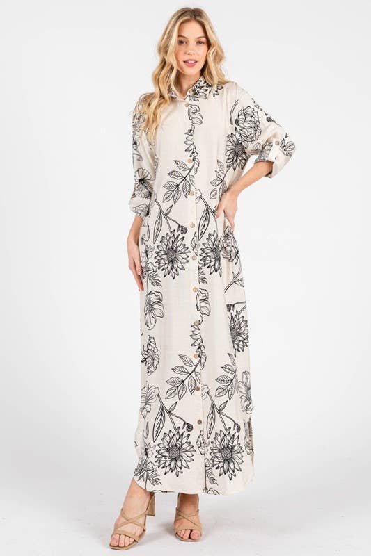 Pink Irene Wholesale - Wholesale Dress - Women's - Women Woven Floral Print Button-Down Maxi Dress11