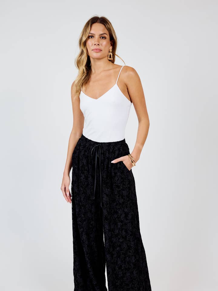 Sadie & Sage - Wholesale Pants - Women's - At Dusk Velvet Lace Wide Leg Pants: BLACK