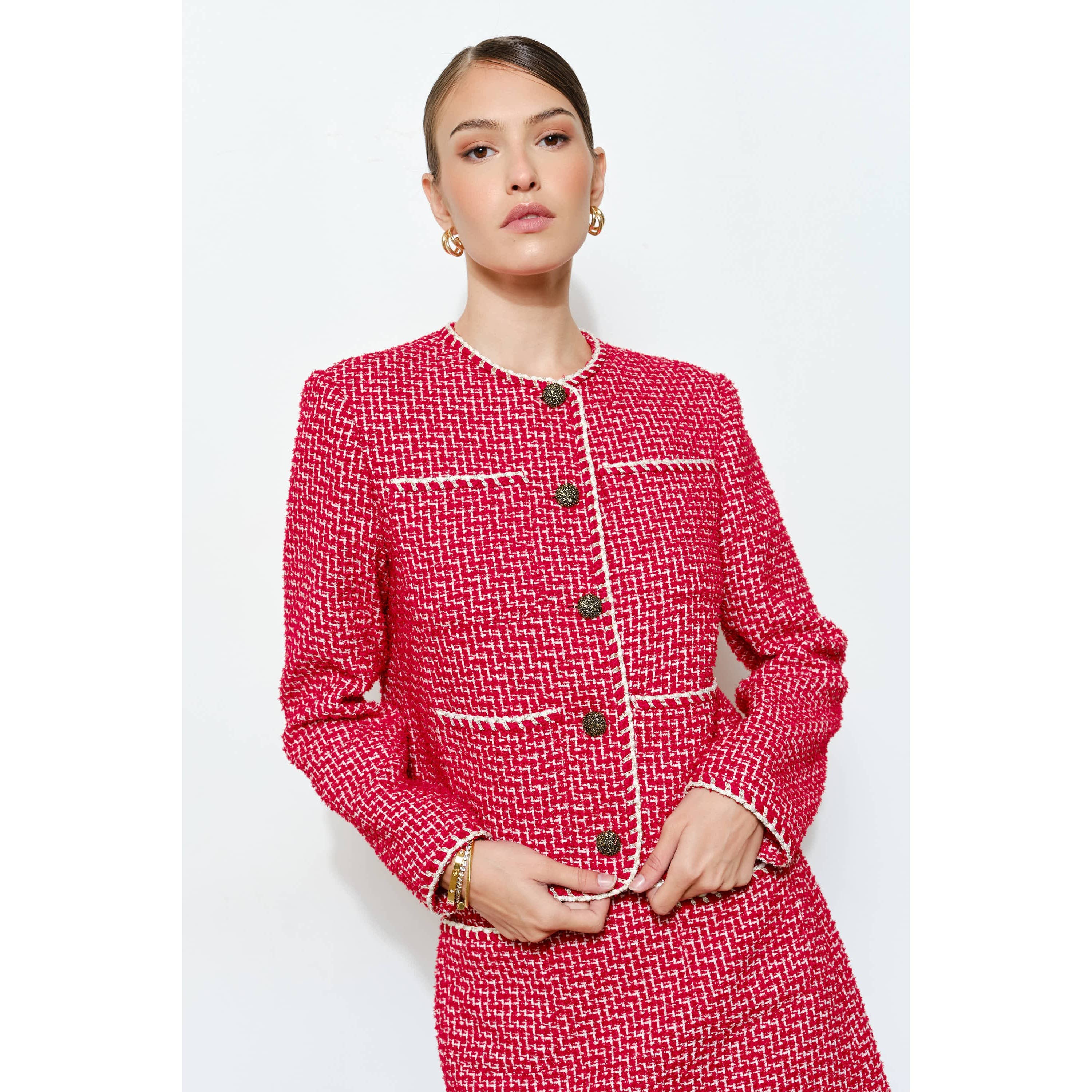 INA - Wholesale Jacket - Women's - Braided Trim Tweed Button-Up Jacket1