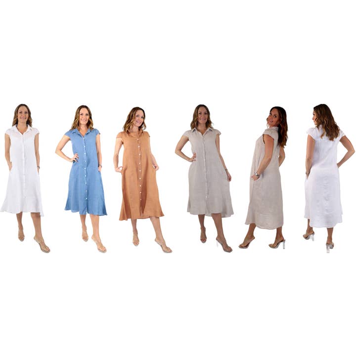 Cap shoulder Linen Dress, Buttoned front Linen Dress for wholesale by LINEN AND GAUZE