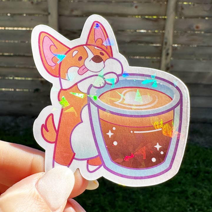 Espresso Shot Corgi Vinyl Sticker - Holographic Pattern for wholesale by AnnaMaria Perez