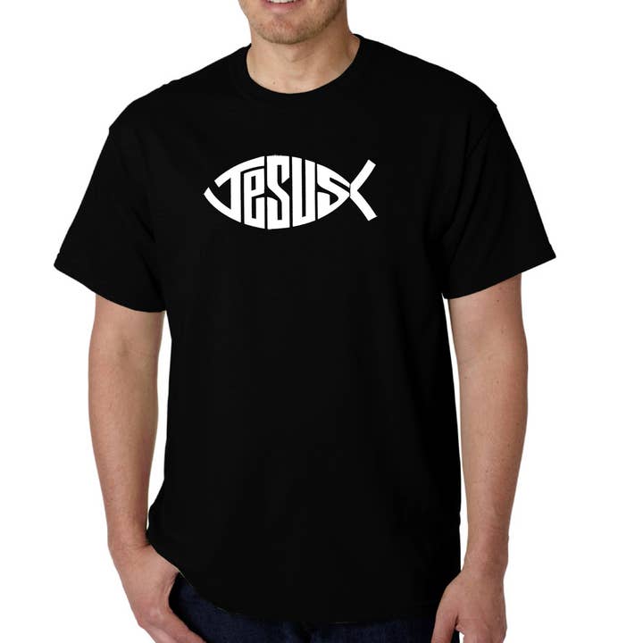 Men's Word Art T-shirt - Christian Jesus Name Fish Symbol for wholesale by LA Pop Art