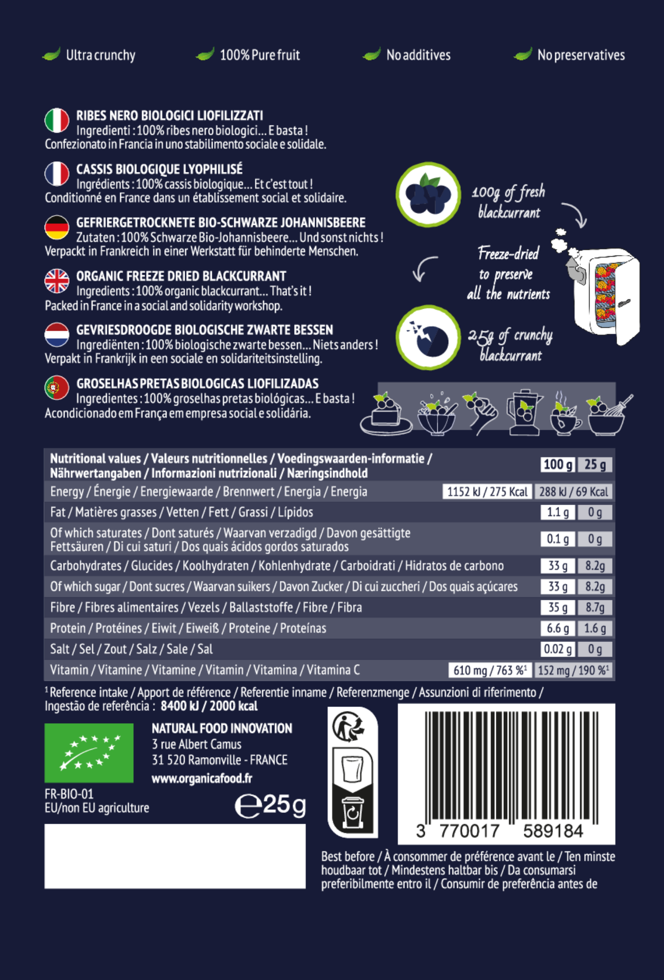 Organica – Engroshandel Tørret/dehydreret frugt – Økologiske frysetørrede solbær 100 % ren frugt | Organica2