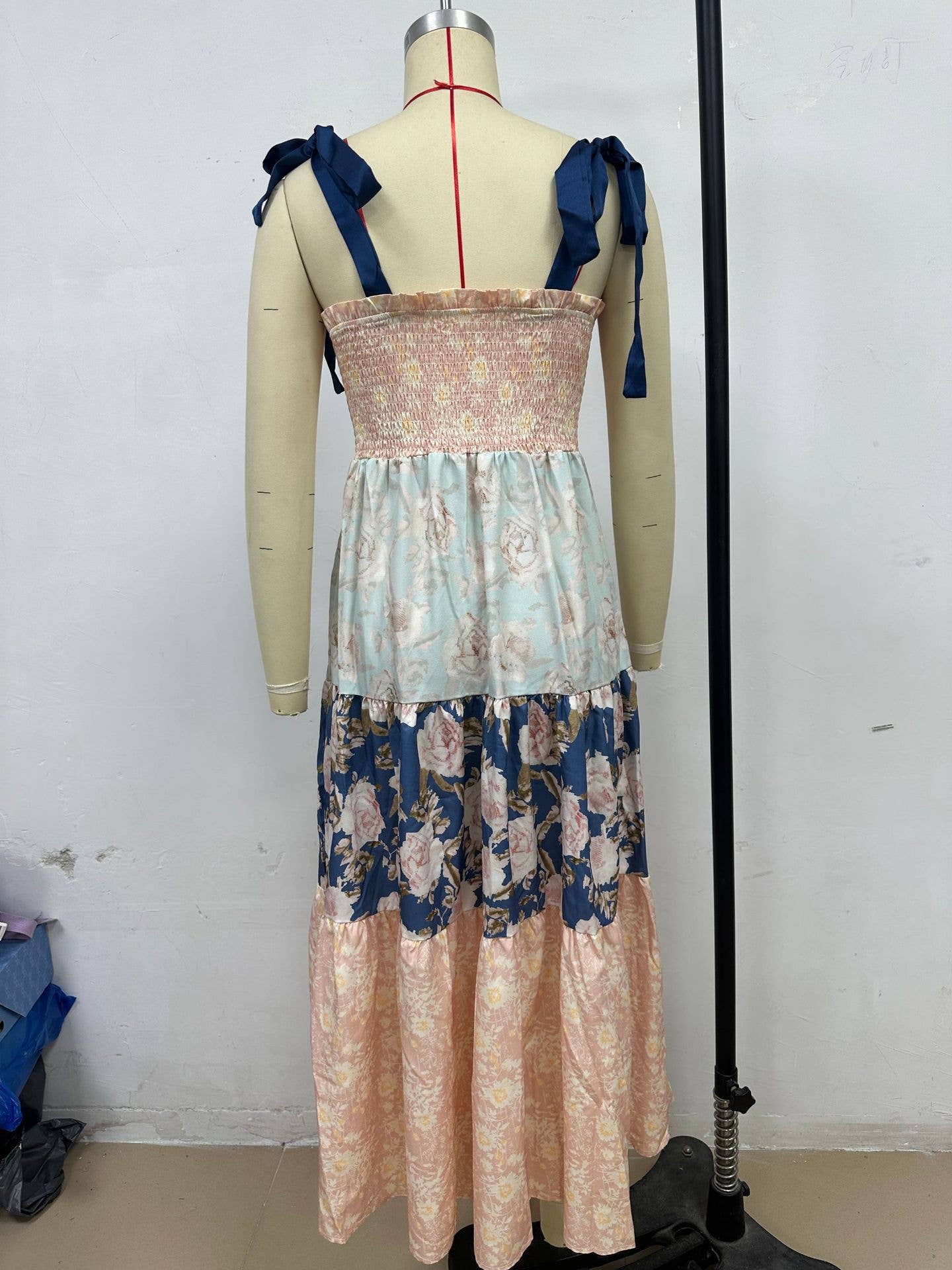 Rosa Clothing - Wholesale Dress - Women's - Gingham Floral patchwork playful bow strap tiered maxi dress9