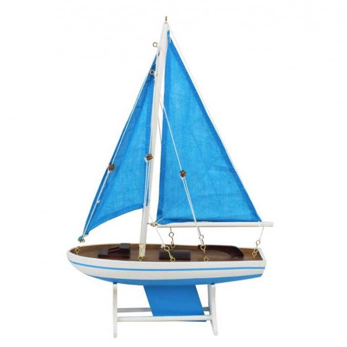 Velero decorativo de madera modelo azul claro con velas azules claras 12" para venta al por mayor de Hampton Nautical