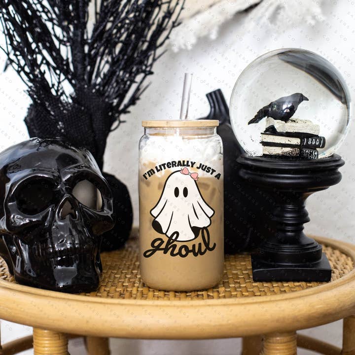 Sayers & Co. - Wholesale Drinking glass/cup - 16oz I'm Literally Just A Ghoul Glass Cup with Bamboo Lid & Straw #100347