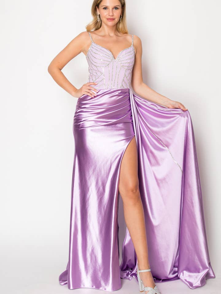 Shining Stretch Satin Long Dress With Rhinestones C343 for wholesale by Chicas