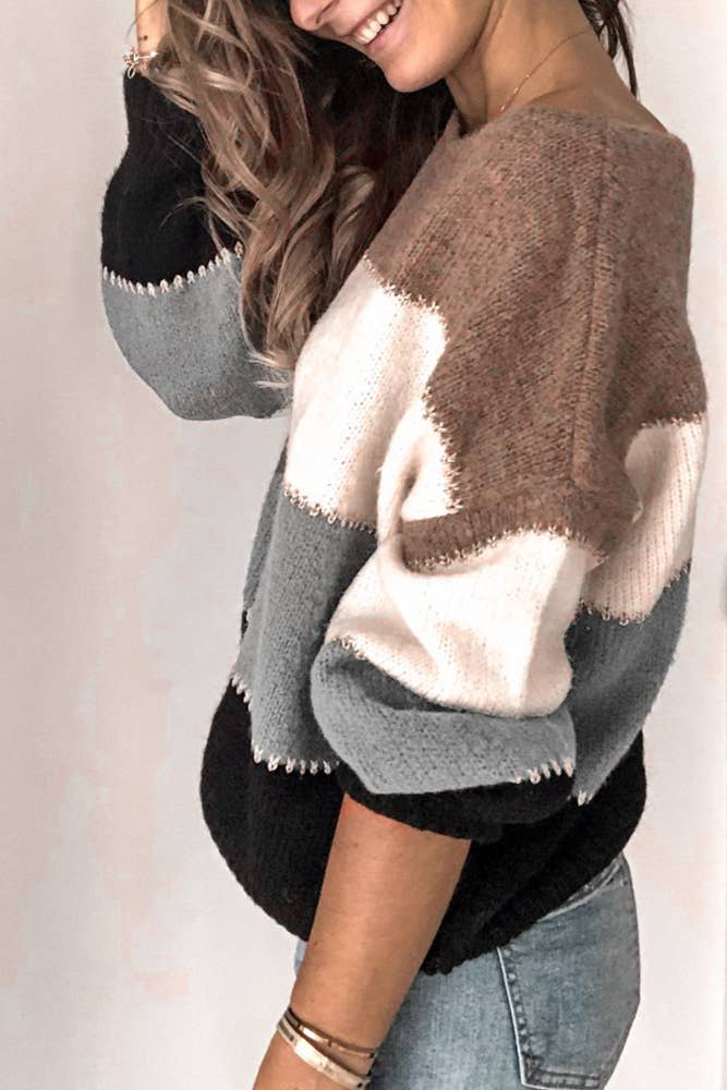 UNISHE - Wholesale Knit Sweater - Women's - Loose Color Block Pullover Knitting Sweater TOPW14868