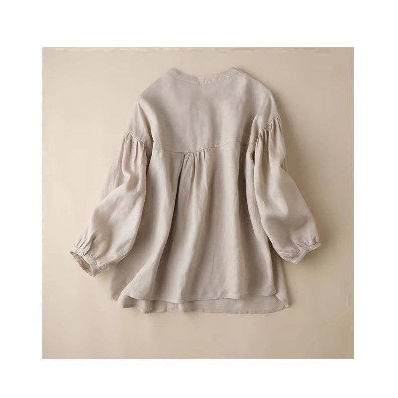 FurDecoration - Wholesale Blouse - Women's - Casual Loose Ramie Cotton Blouse with Solid Color and Long Sleeves1