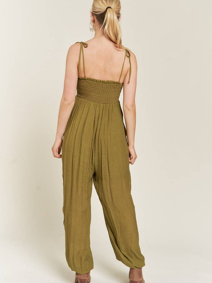 JADE BY JANE - Wholesale Jumpsuit - Women's - SMOCKED TIE STRAP JUMPSUIT JJS5014
