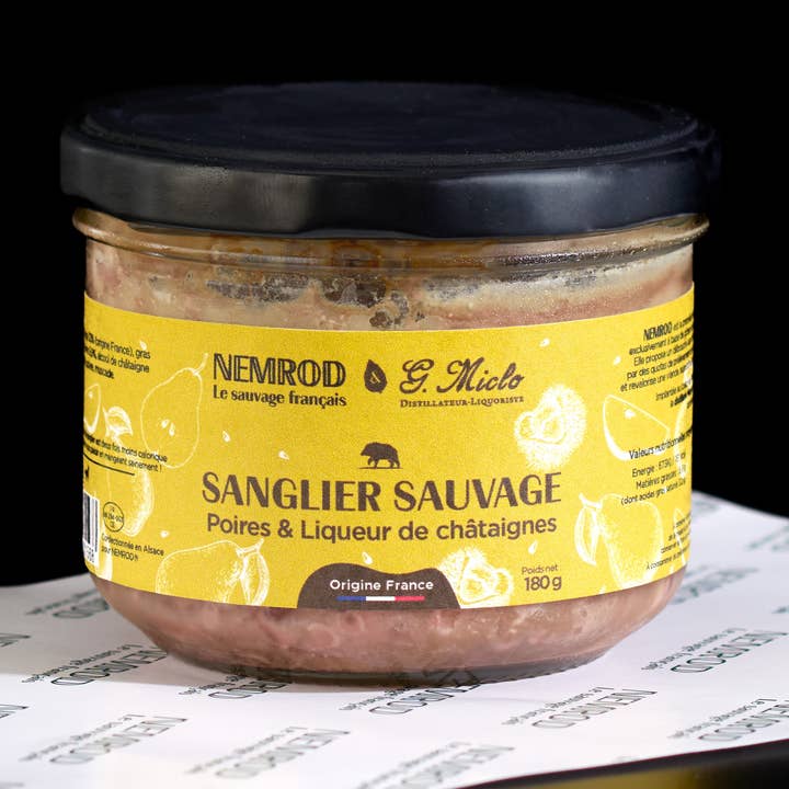 Nemrod - Vente Conserve de fruits - Terrine de Sanglier aux poires et liqueur - Gibier - 180g0