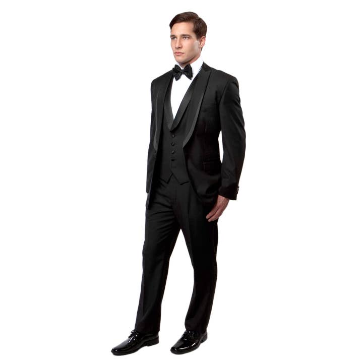 Wedding Tuxedos, 3 PC Tuxedo set w/ Satin Trim, Black/Black for wholesale by Suits America