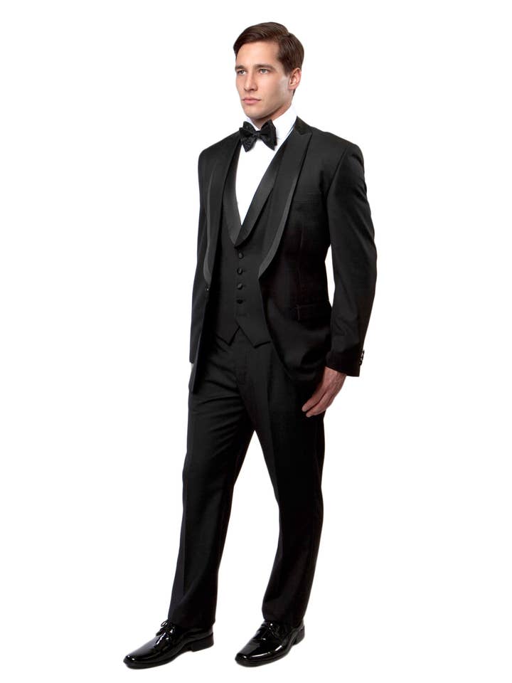 Black Black Wedding Tuxedos, 3 PC Tuxedo set w/ Satin Trim, Black/Black for wholesale on Faire