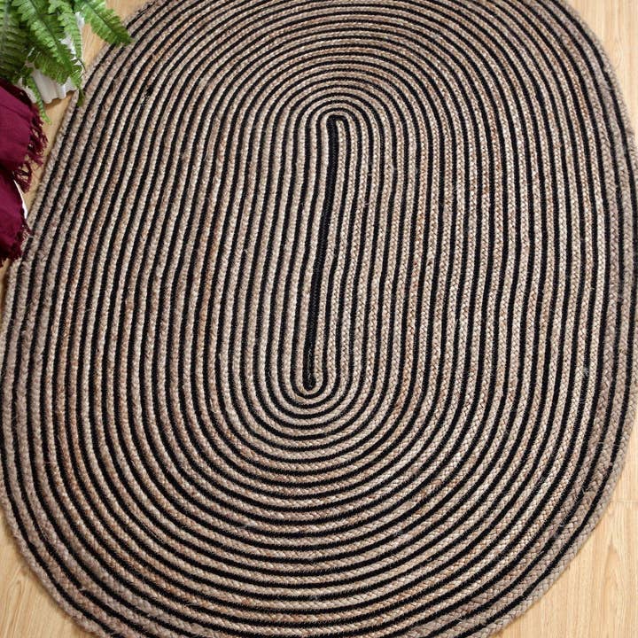 Second Nature Online - Wholesale Area rug - CHAKKAR DARK Rug Oval Jute Mat with Beige Black Stripes1
