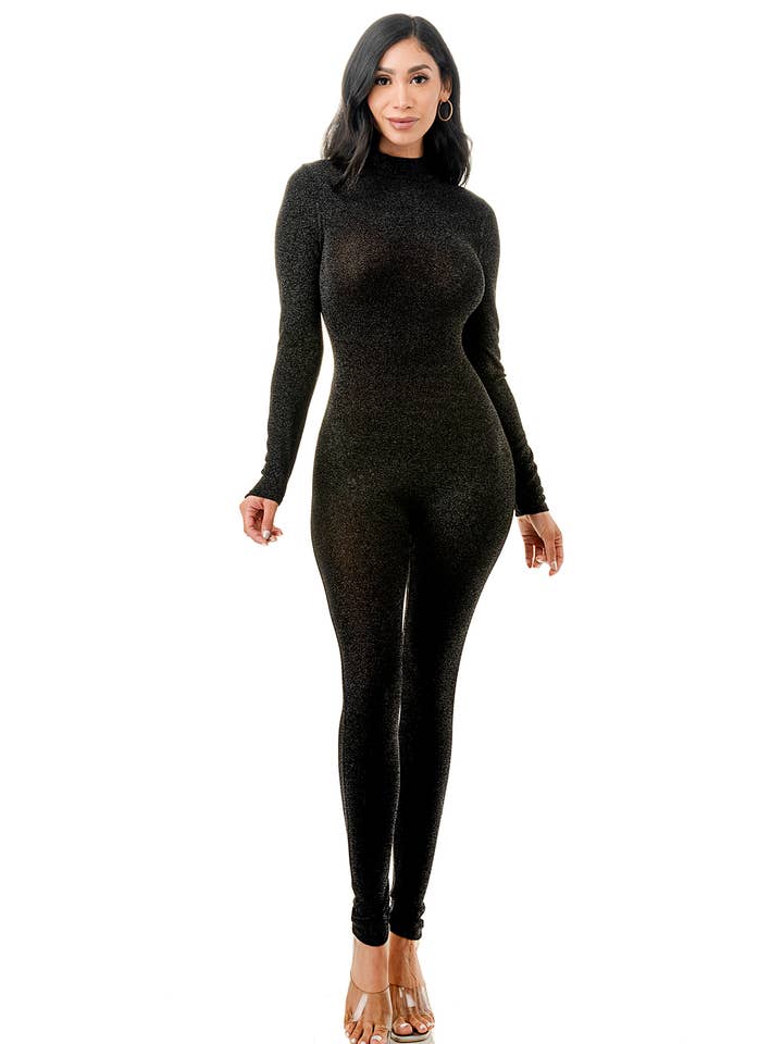 Namatt Design - Wholesale Jumpsuit - Women's - Plus Glitter Mock Neck Zipper Back Closure Catsuit1