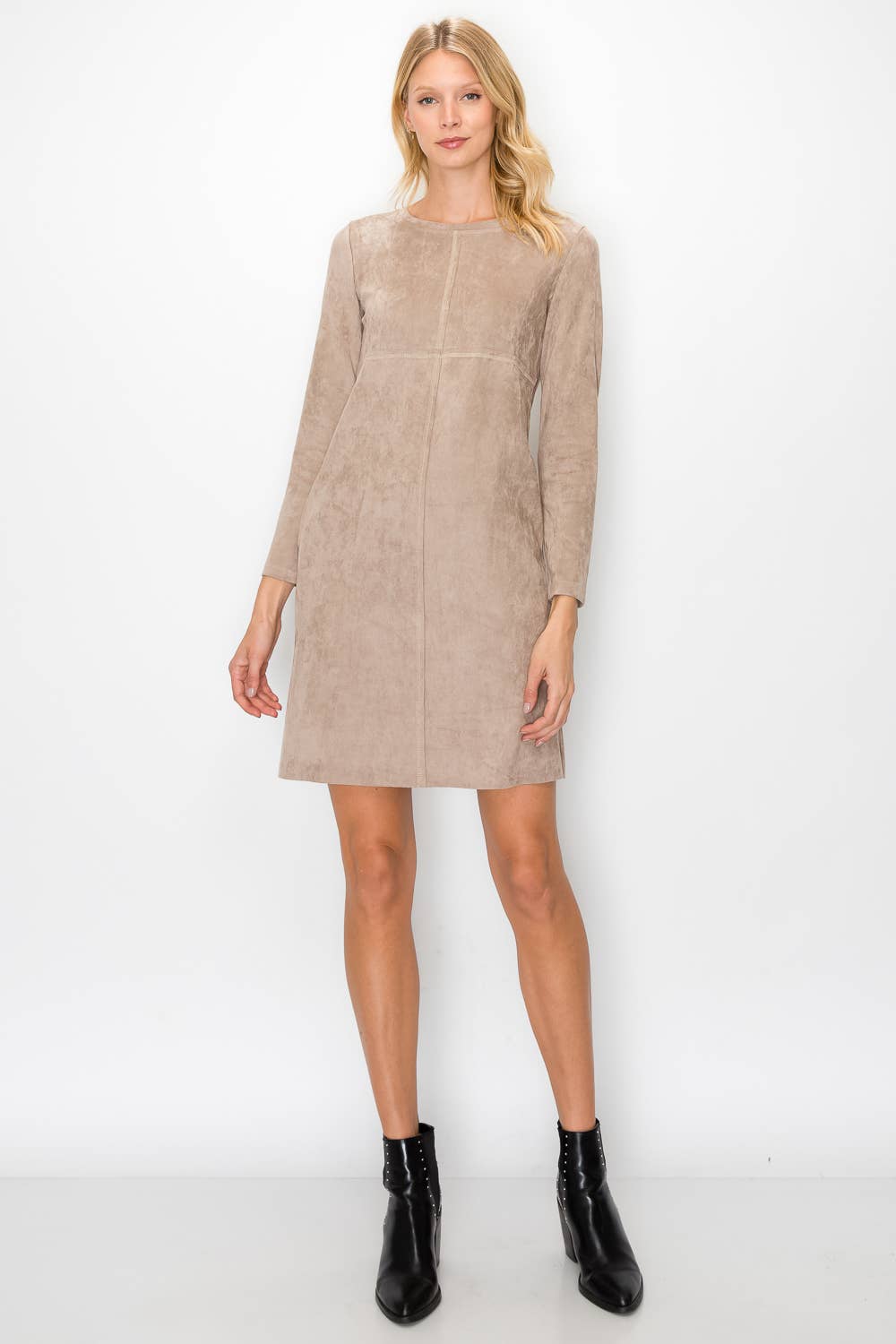 Joh Apparel - Vendita all'ingrosso Vestito - Donna - Abito con scollo rotondo in pelle scamosciata elasticizzata Aurora senza tasche15