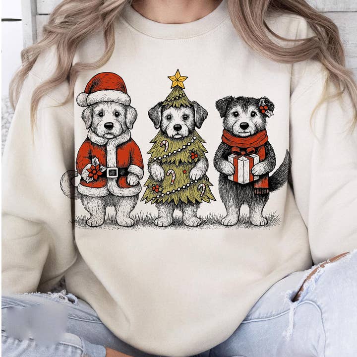 DLT Ecommerce - Wholesale T-shirt (graphic) – women's - Christmas Dogs Tee, Cute Puppies in Santa Outfit Sweatshirt 1