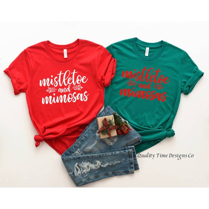 Quality Time Designs Co - Wholesale Screen Printed T-Shirt - Women's - Mistletoe and Mimosas- Christmas shirt2