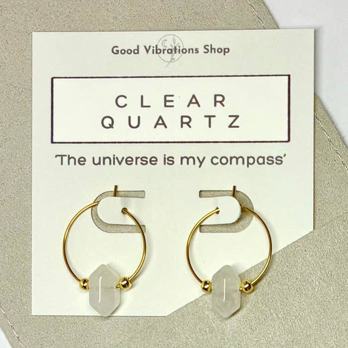Clear Quartz • Gold Hoop Affirmation Earrings for wholesale by Good Vibrations Shop