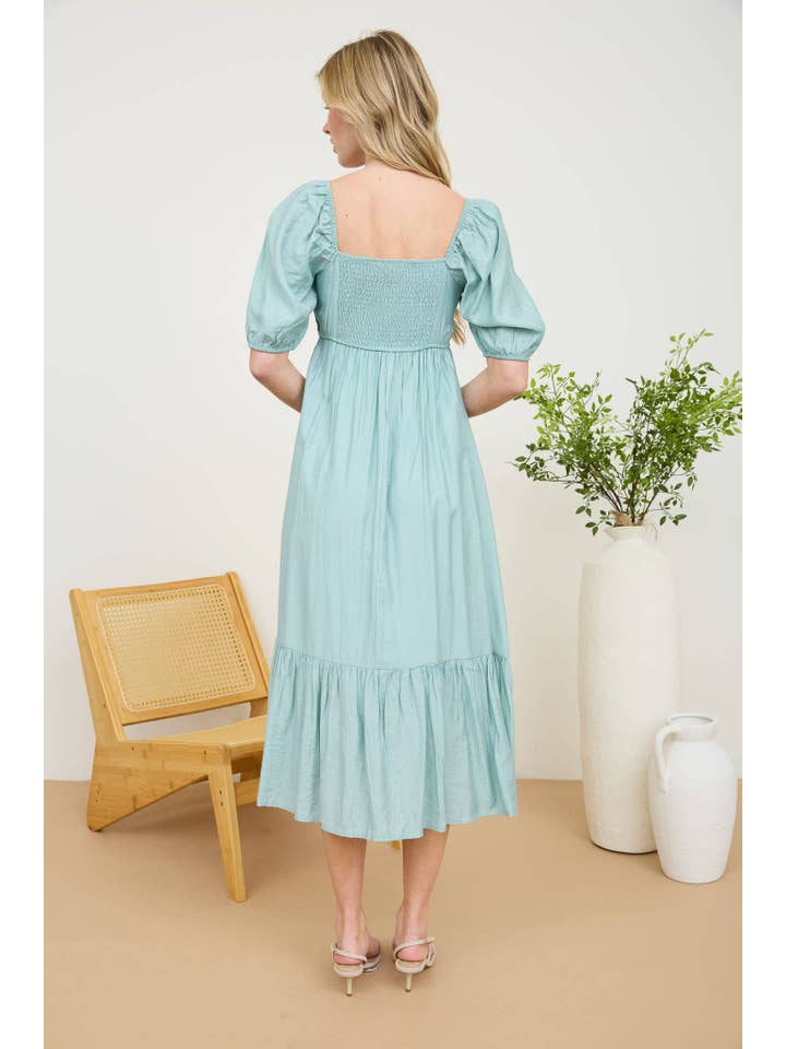 MINE - Wholesale Dress - Women's - PLEATED EMPIRE WAIST PUFF SLEEVE MIDI DRESS