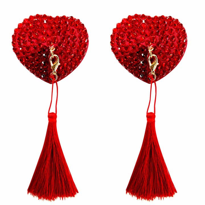 Forever Yours Red Heart Crystal Tassel Reusable Silicone Nipple Cover Pasties for wholesale by Neva Nude