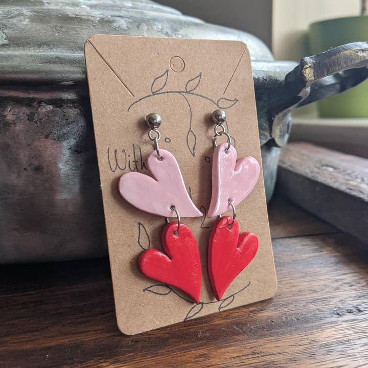 Summer love earrings, pink and red hearts for wholesale by With Clay & Paint