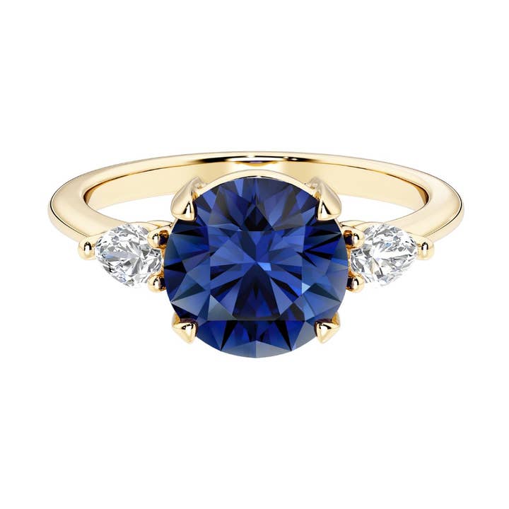 2.75 Ct Blue Sapphire & Pear Diamond 3 Stone Ring 14K Gold for wholesale by DV Custom Jewelry USA