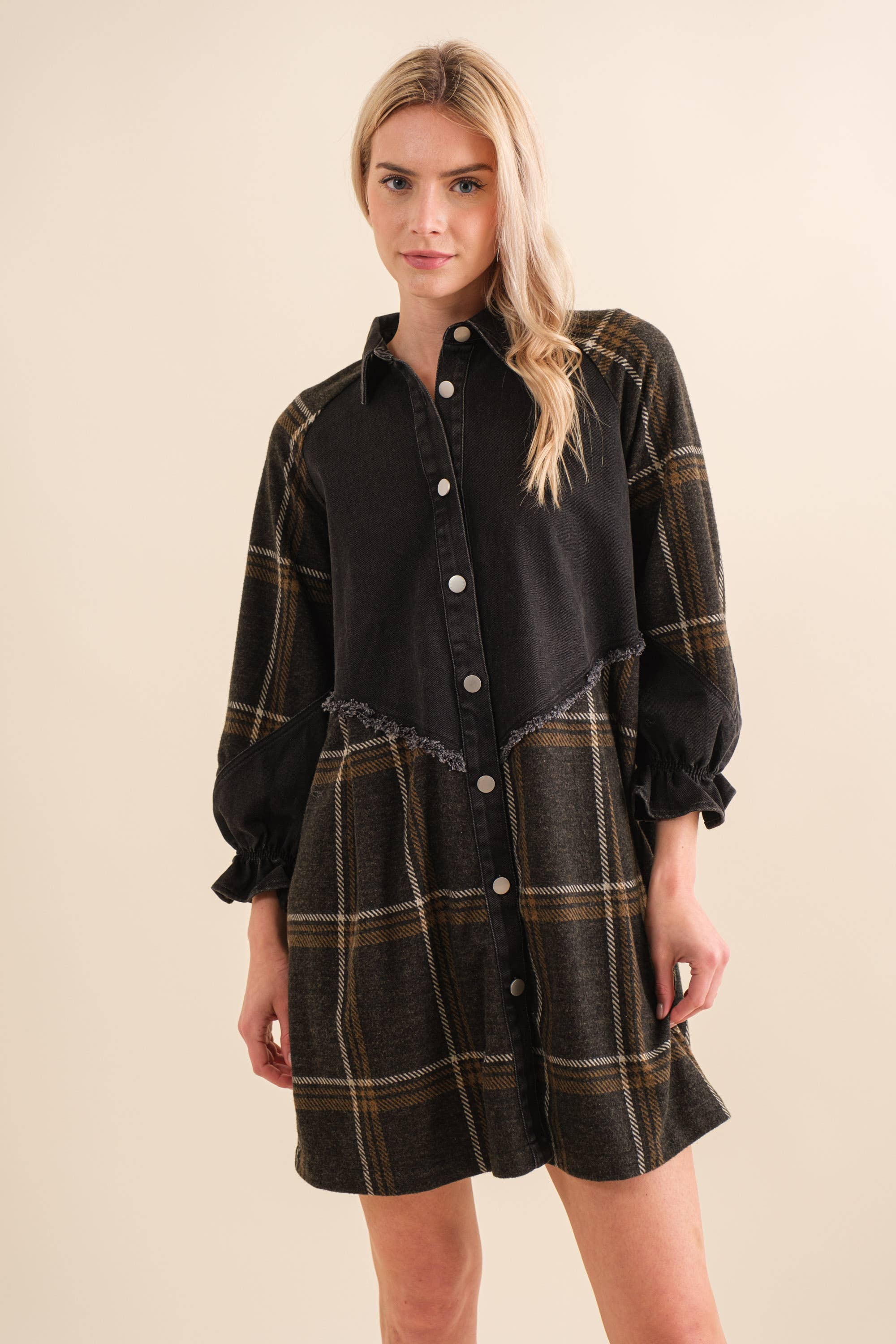 SCHWARZ Denim-Mix Hemdblusenkleid mit gebürstetem Karomuster für den Großhandel auf Faire1