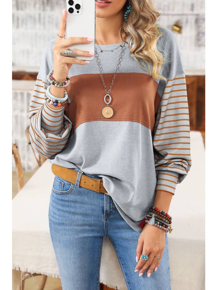 1 the Woman - Wholesale Blouse - Women's - Colorblock Striped Bishop Sleeve Top - 4 Colors2