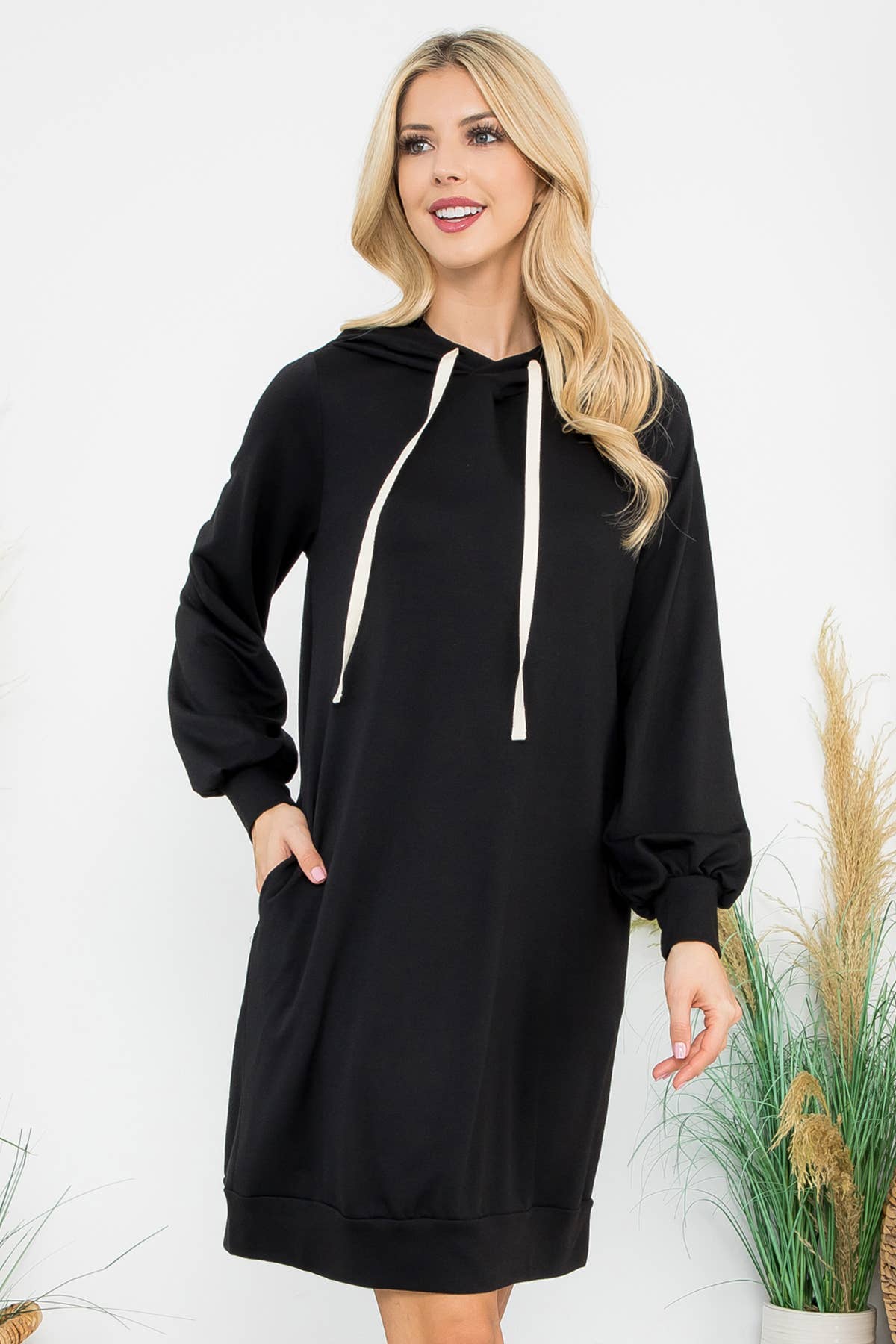You & Me - Wholesale Dress - Women's - YMD10061V-FRENCH TERRY LONG PUFF SLEEVE HOODIE DRESS28