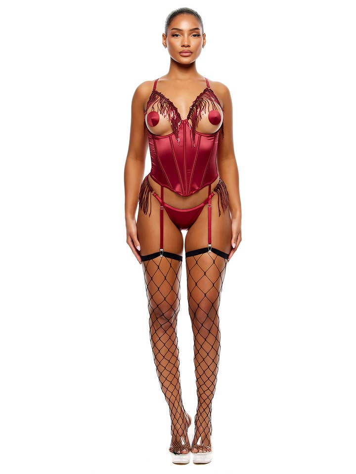 Peep Show Sequin Fringe Bustier Lingerie Set - Wine for wholesale on Faire