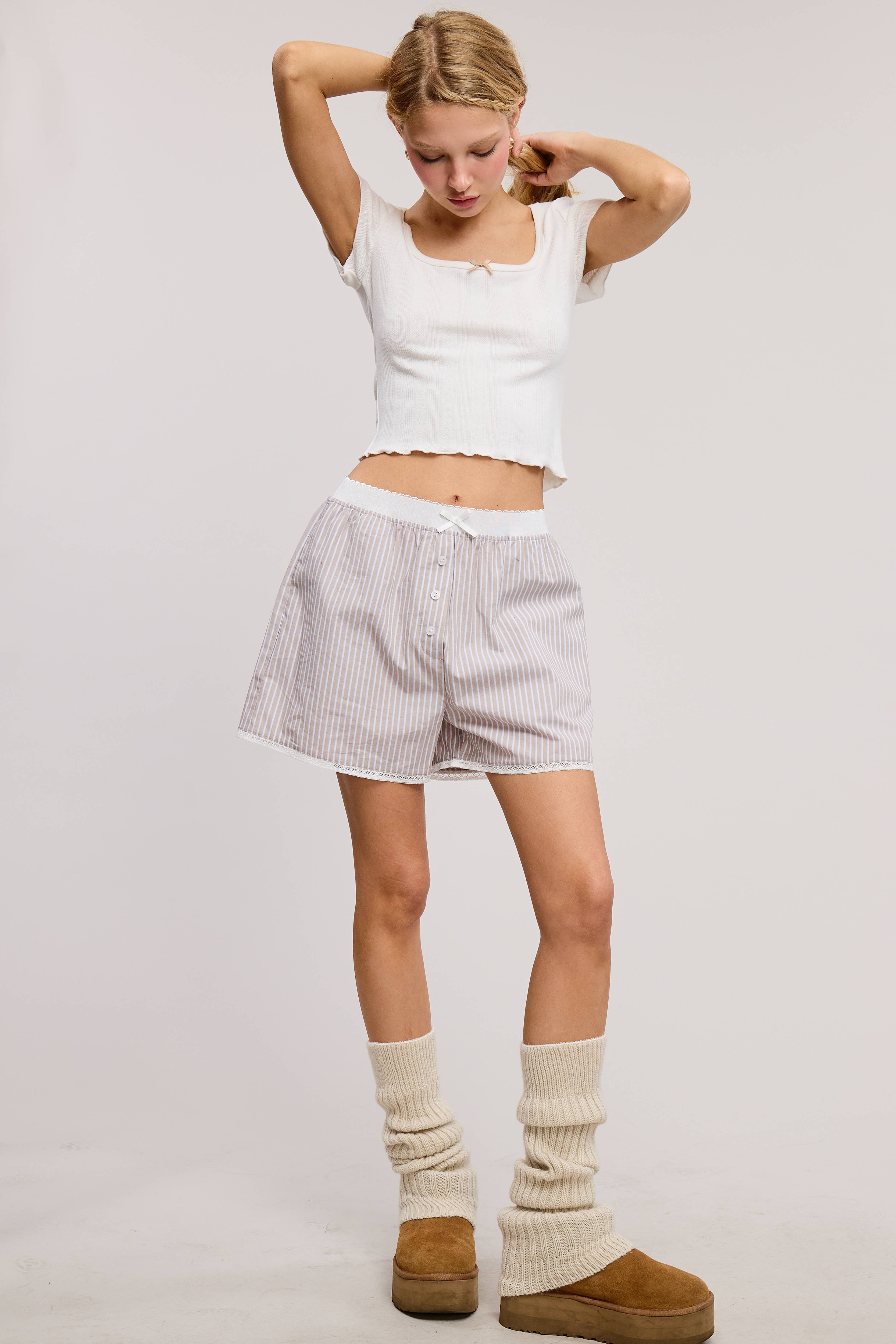 Mimosa - Wholesale Shorts - Women's - Scalloped Lace Hem Striped Boxer Style Shorts12