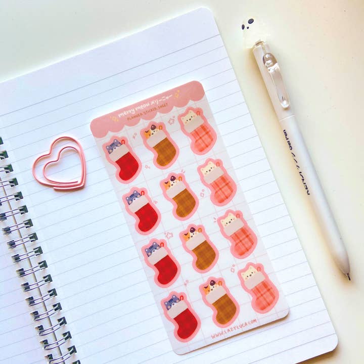 Merry Meow Stocking Planner Sticker Sheet for wholesale by Lazy Luca