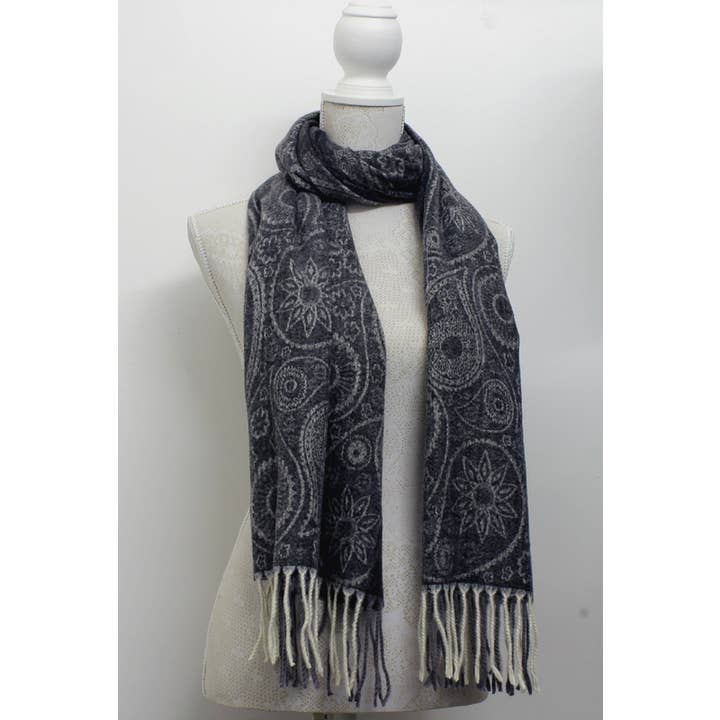100% Polyester Dark Grey Two Tone Paisley Print Scarf for wholesale by Western Counties Wholesale